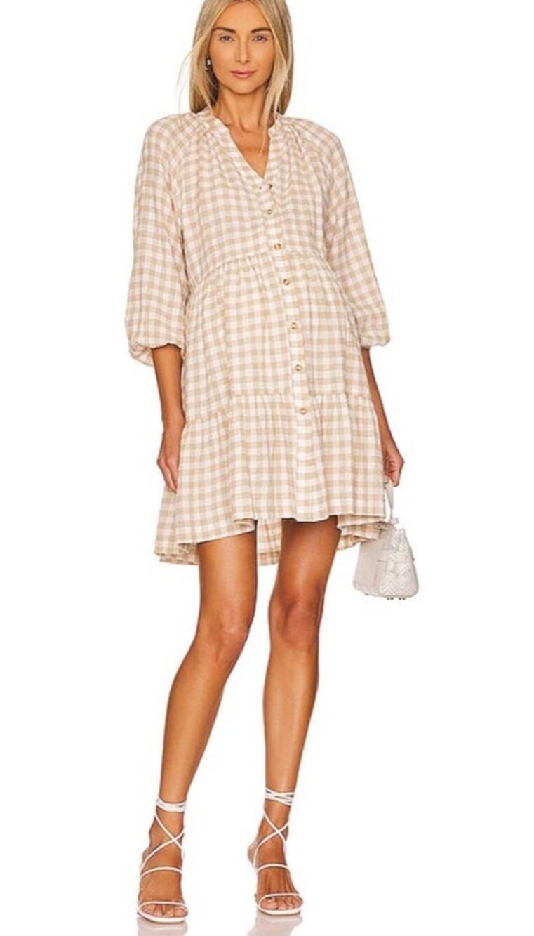 Hatch Maternity Gingham Tiered Mini Dress 0 XS Beige White Cotton Made USA